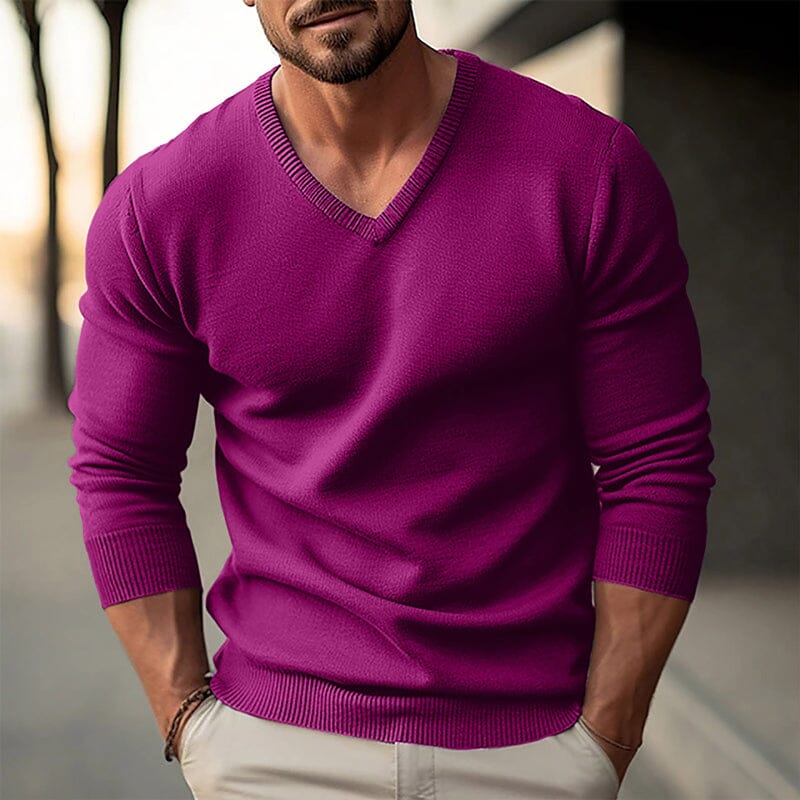 Herren Strickpullover V-Ausschnitt Slim Fit | Eleganter Feinstrick Pullover hellgrau