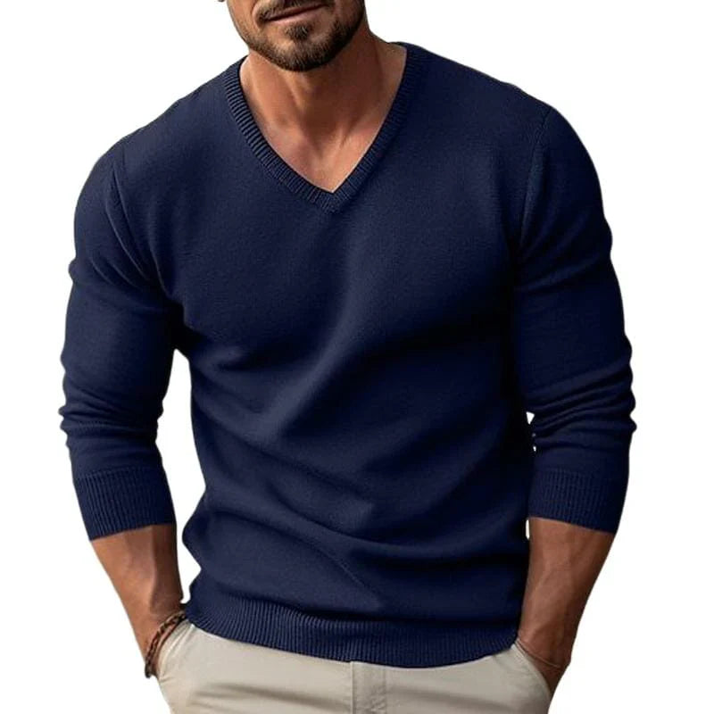 Herren Strickpullover V-Ausschnitt Slim Fit | Eleganter Feinstrick Pullover hellgrau